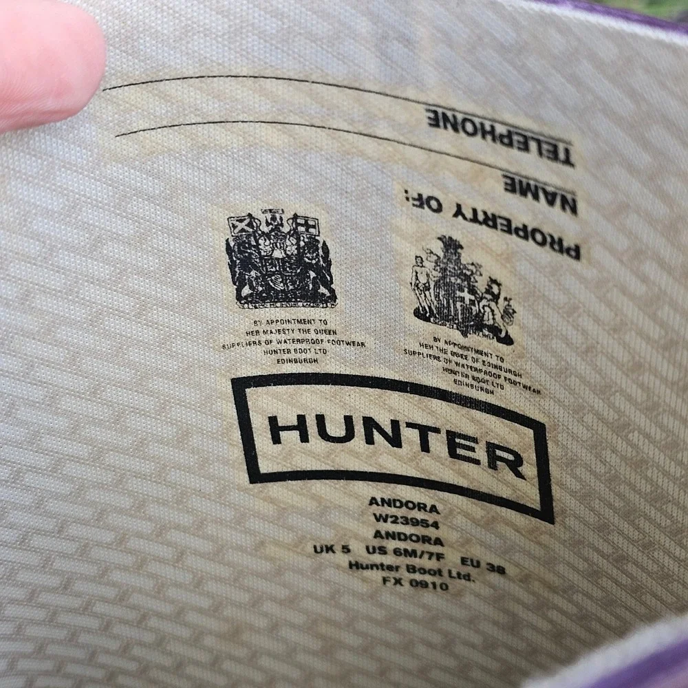 Hunter Andora Rain Boots Womens 7 Purple Wedge Tall Buckle Waterproof Twee 23954